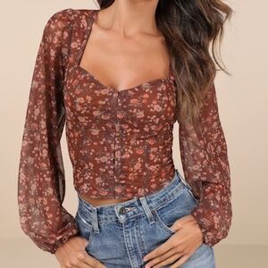 Lulus Feeling So Cute Brown Floral Mesh Balloon Sleeve Crop Top - Size S